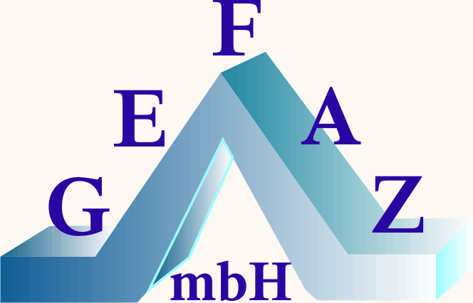 The logo of GEFAZ GmbH shows a blue graph with a central high point. The name "GEFAZ" is spread across the graph, with the "F" on top. At the bottom centre of the logo is "mbH", with the "G" positioned on the graph and standing for both "GEFAZ" and "GmbH". The graph is in a light blue, while the font is in a darker blue.