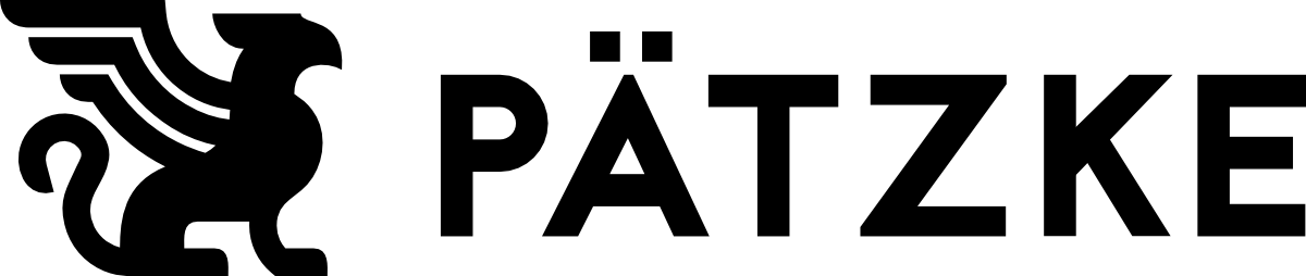 The logo of Pätzke Software is presented in solid black. In front of it is a minimalist drawing of a Greek sphinx. This is followed by the word "PÄTZKE".