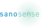 The sanosense logo presents the word "sano" in bold light blue, while the word "sense" appears in a soft light green and is highlighted by a back light effect.