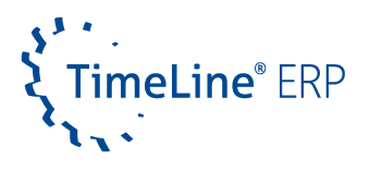 TimeLine's logo is blue and shows the lettering "TimeLine ERP" with a simple cogwheel in front of it, which merges seamlessly into the font.